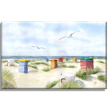 Leinwand 40 x 30 cm Keilrahmen Canvas-Leinen Aquarell Maritim Kunst Druck Kunstdruck Nordsee Insel Borkum Strandzelt Zelt Strandkorb Strand Meer Dünen